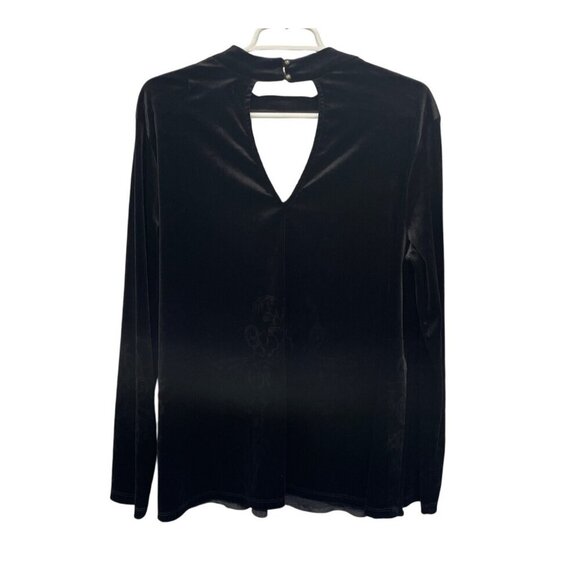 Fever Black Velvet Long Sleeve V-Neck Top Keyhole Back Subtle Scroll Pattern L - Picture 4 of 7